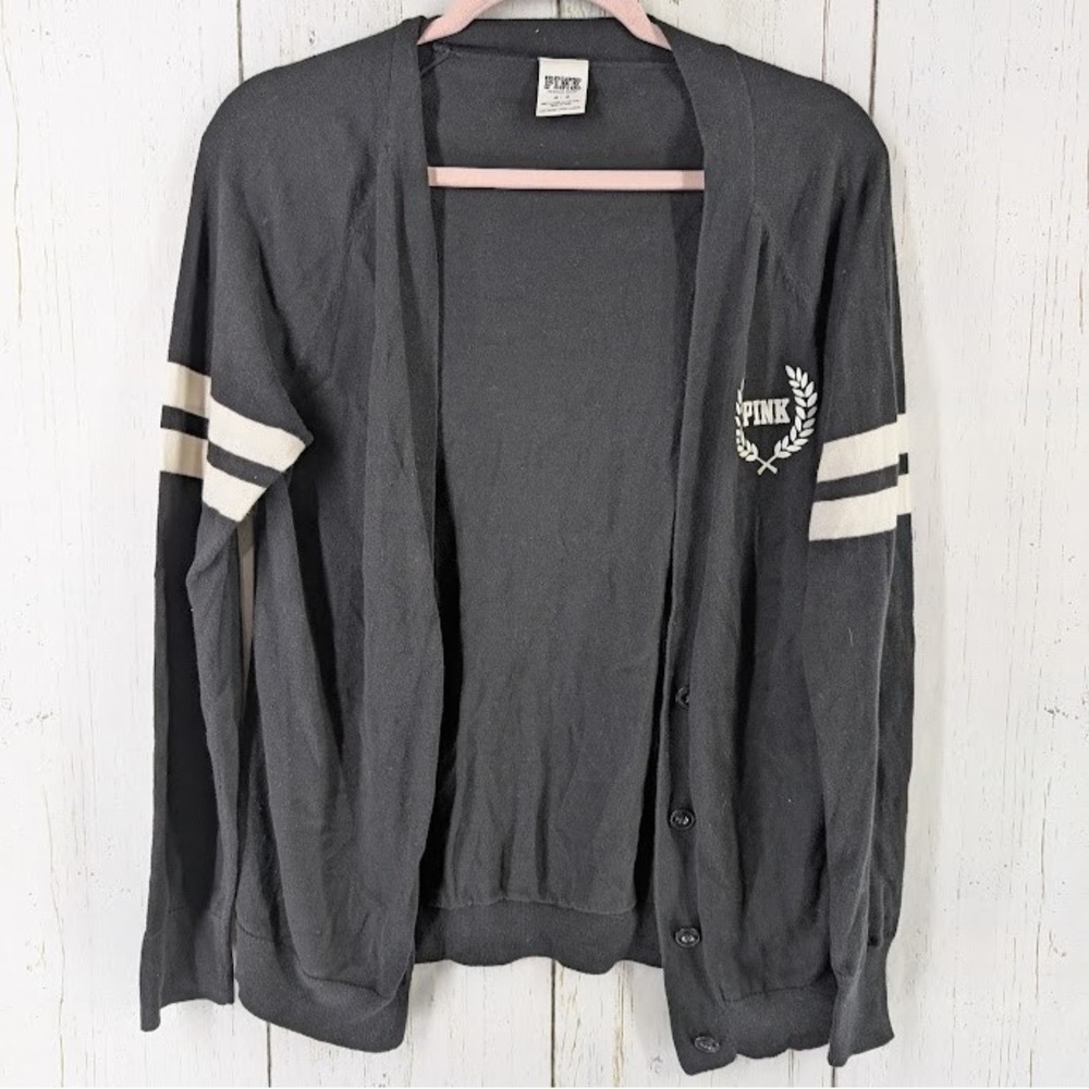 Victorias Secret Love Pink Size Medium Black White Cardigan Varsity Sweater